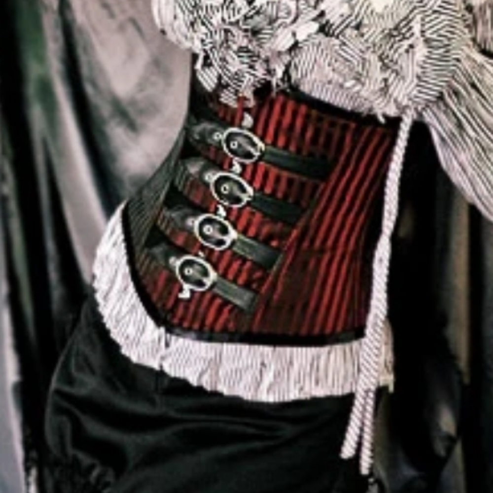 Striped Ruffle Blouse with Red Corset